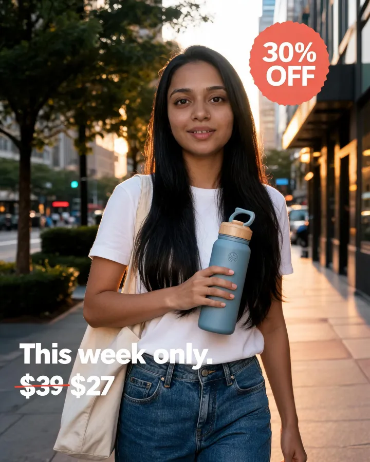 Ad: Tara walking with a blue water bottle, 30 percent off this week only