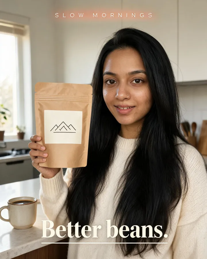 Ad: Tara holding a coffee pouch, headline Better beans