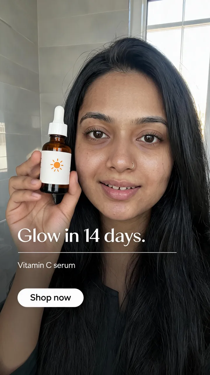 Ad: Tara holding a vitamin C serum, headline Glow in 14 days