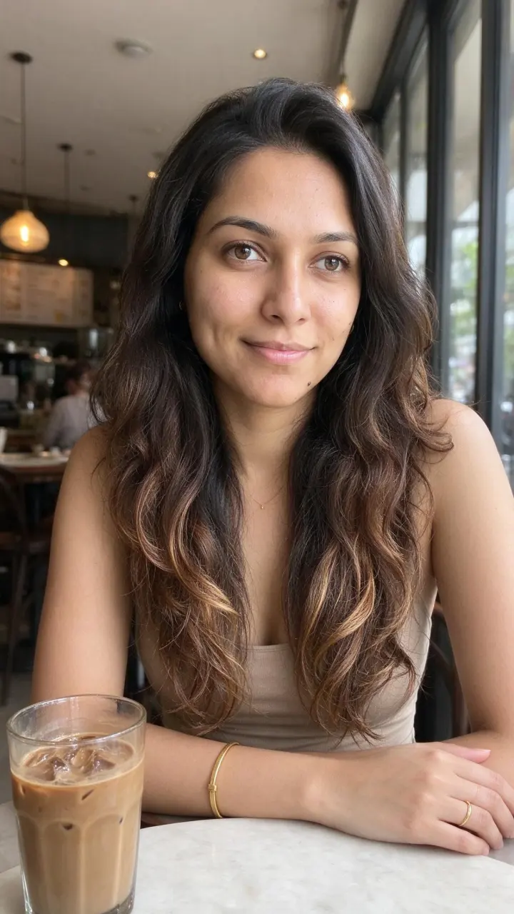 Riya at a cafe with a cold coffee