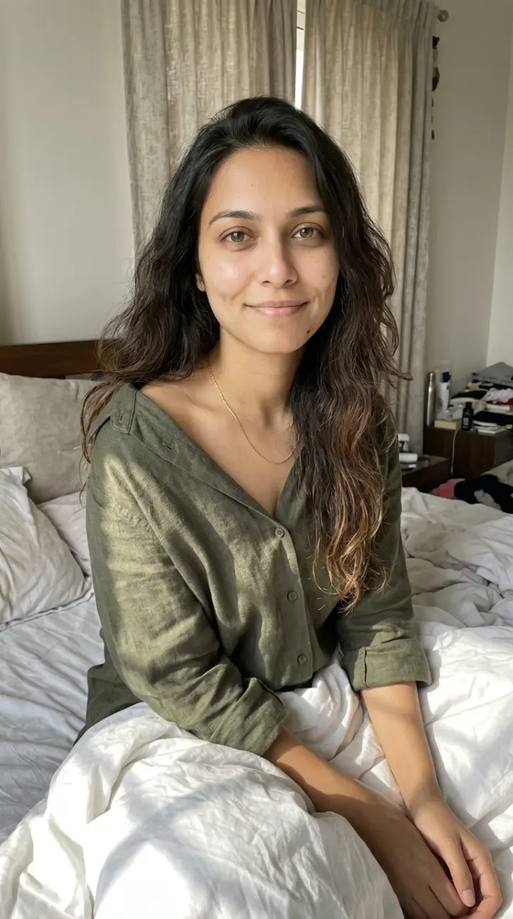 Riya sitting on her bed in the morning