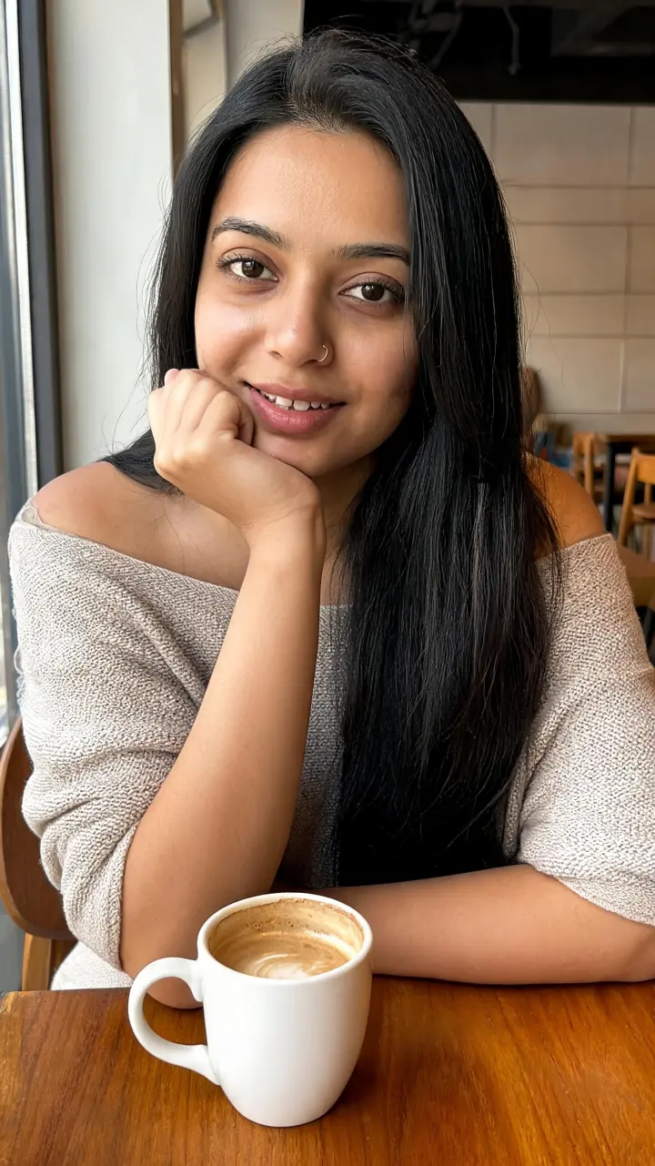 Tara resting her chin on her hand at a cafe