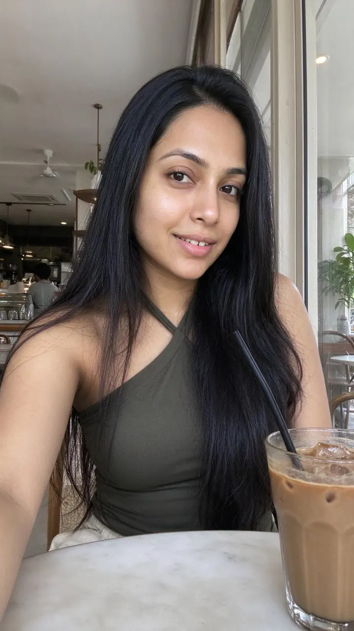 Tara at a cafe table with an iced coffee