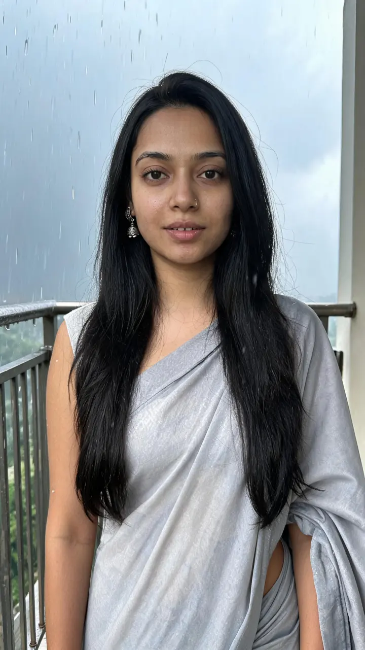 Tara in a grey saree on a rainy balcony