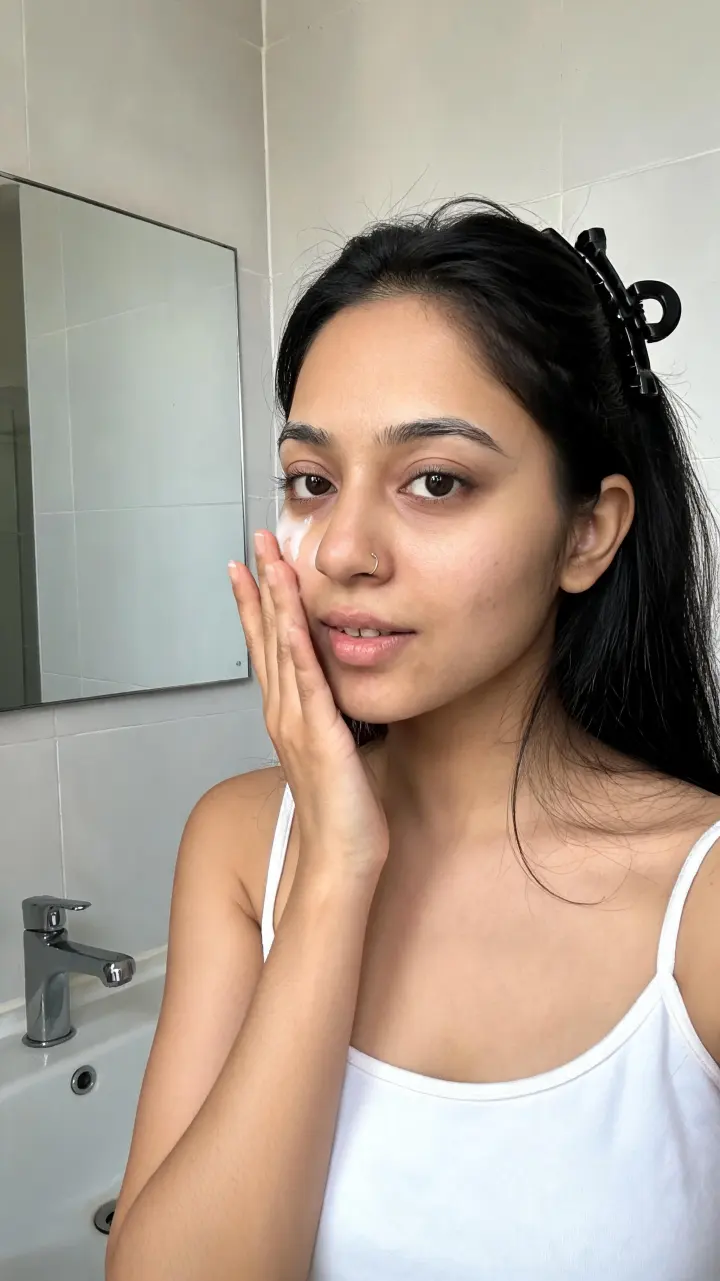 Tara applying skincare in a bathroom mirror